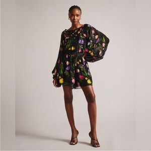 Ted Baker 🌸 Floral Black Brookii Ruffled Blouson Sleeve Romper 🌻🌺